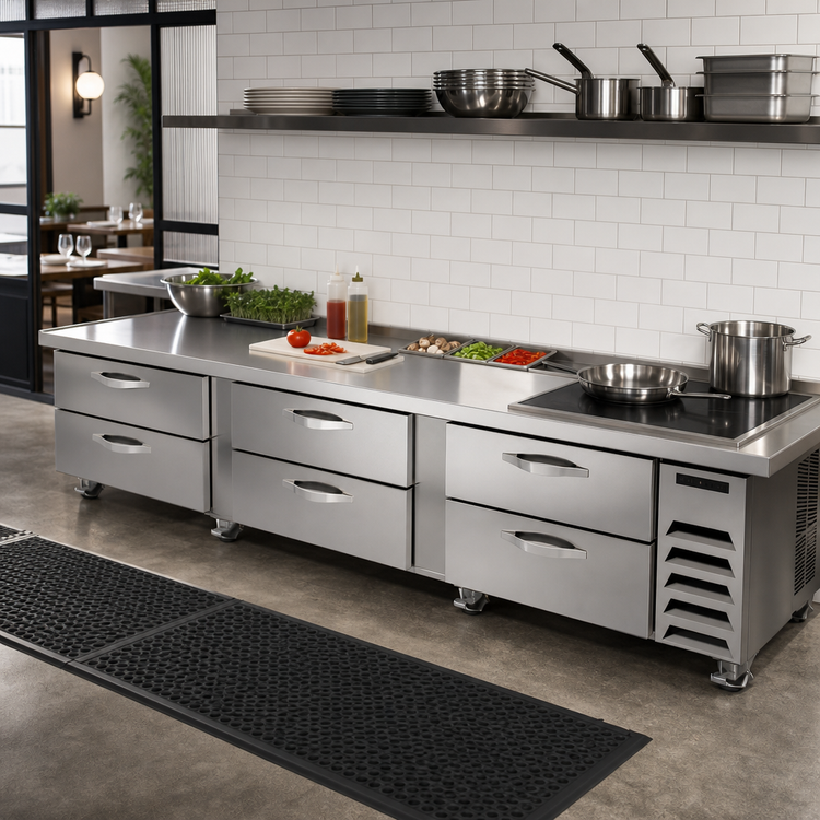 Product image #4 for Beverage-Air Three-Section Worktop Cook Stand Refrigerator, 120-Inch, 24.36 Cu. Ft., 6-Drawer, Marine Top, Stainless Steel, Side-Mounted Self-Contained