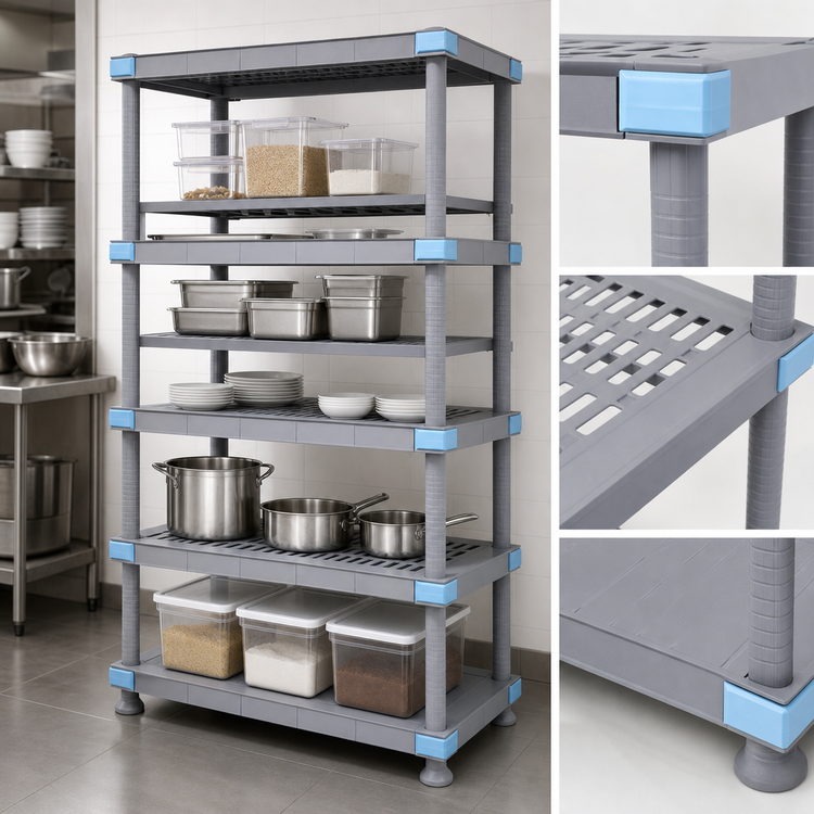 Product image #3 for Quantum Millenia All-Polymer 5-Shelf Shelving Unit with 4 Open and 1 Solid Grid Shelves, 60 x 24 x 86 Inches, Gray