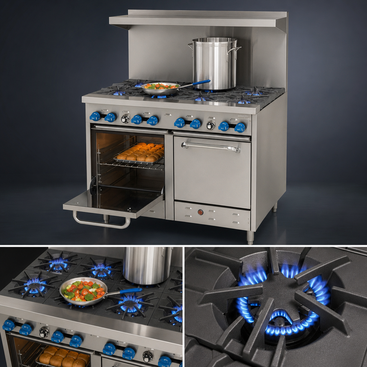 Product image #3 for Comstock-Castle F3218 48-Inch Commercial Gas Range with 8 Star Burners, 2 Space-Saver Ovens, and High Shelf