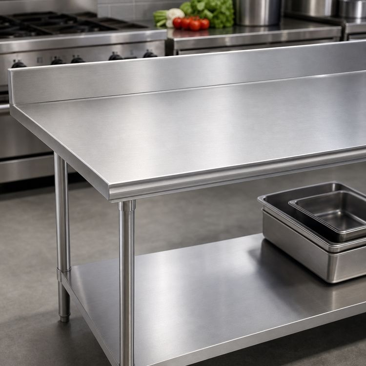 Product image #3 for Advance Tabco 84-Inch x 30-Inch 430 Stainless Steel Work Table with 5-Inch Backsplash and Adjustable Undershelf