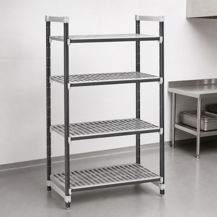 Product image #3 for Cambro Camshelving Elements XTRA 4-Tier Stationary Starter Unit, 24" Deep x 30" Wide x 72" High, Vented Polymer Shelving, Speckled Gray