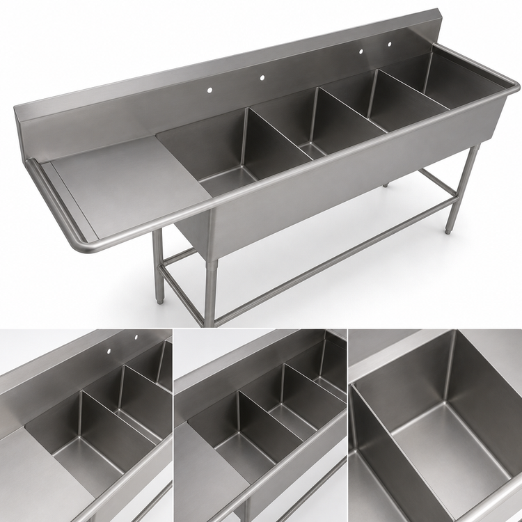 Product image #3 for John Boos Pro-Bowl 4-Compartment Stainless Steel Sink with Left Drainboard, 30" x 24" x 14" Bowls