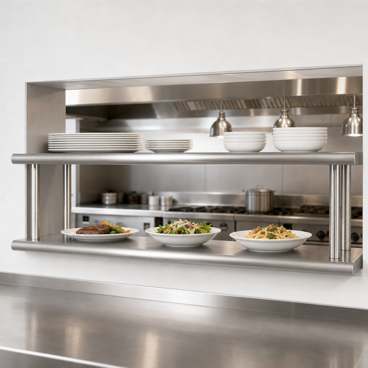 Product image #3 for Double Tier Wall-Mounted Pass-Through Shelf, 120 Inch W x 24 Inch D, 8 Inch Max Wall Thickness, 304 Stainless Steel