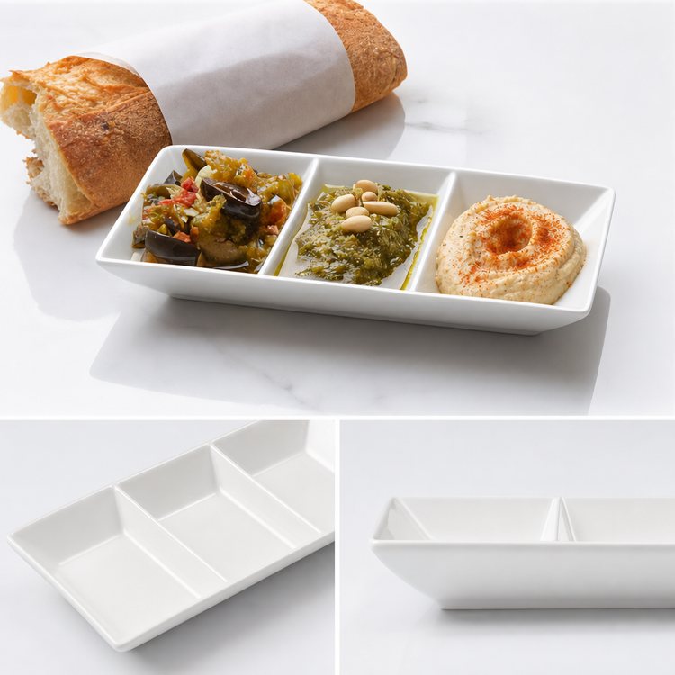 Product image #3 for Porcelain Three-Compartment Sauce Dish, 1.5 oz, 5.75 x 3.13 x 1 Inch