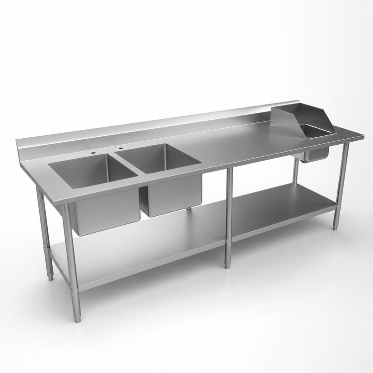 Product image #3 for 96" W x 30" D 16-Gauge 304 Stainless Steel Prep Sink Table with Left-Side Bowls and Hand Sink