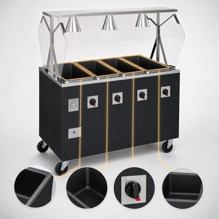 Product image #3 for Vollrath 2-Series Affordable Portable Deluxe 60-Inch 4-Well Mobile Hot Food Station with Breath Guard