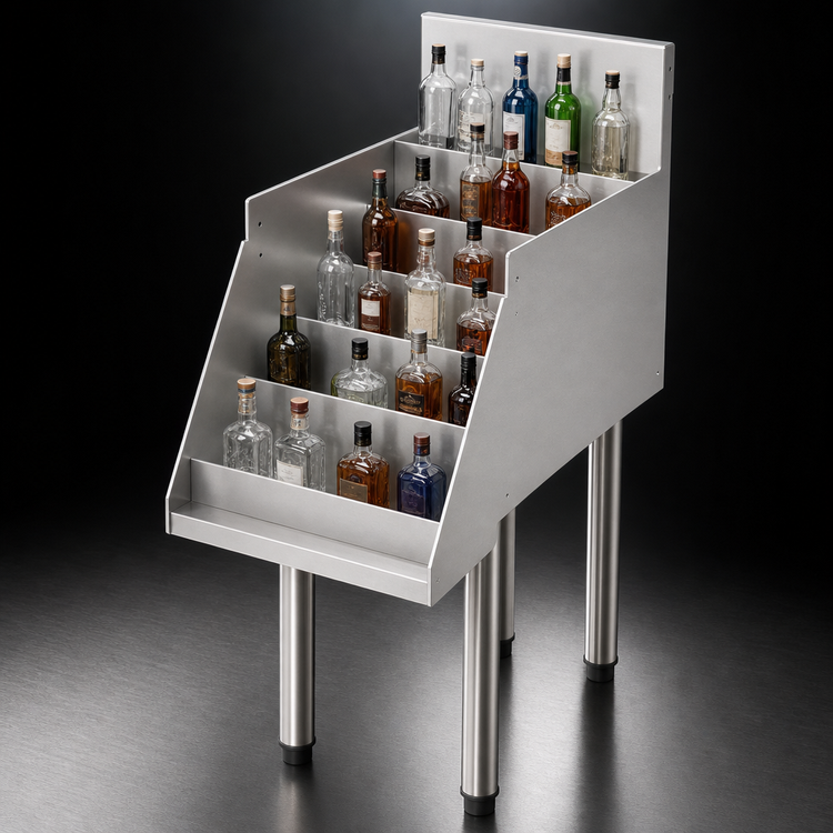 Product image #4 for Perlick 12-Inch Wide x 24-Inch Deep Freestanding Stainless Steel Liquor Display Cabinet with 5 Steps and 6-Inch Backsplash