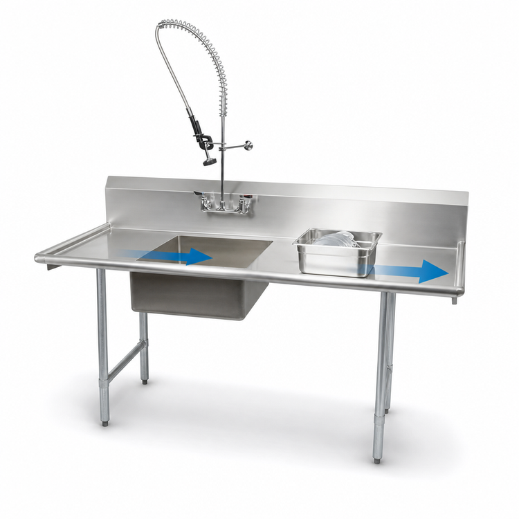 Product image #3 for BK Resources 36-Inch Straight Soiled Dish Table with Left-to-Right Operation, 20 x 20 x 8 Pre-Rinse Sink Bowl, 10-Inch Backsplash, and Galvanized Legs