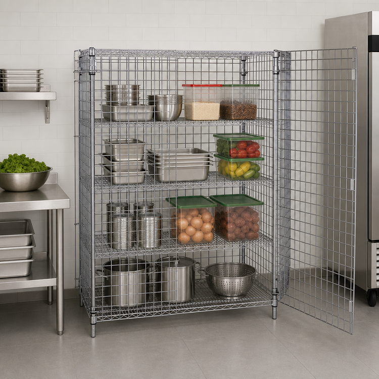 Product image #3 for Quantum Stationary Wire Security Cage with 4 Shelves, Chrome Plated, 36W x 21D x 63H