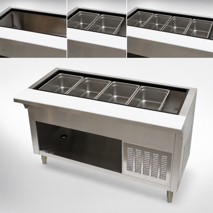 Product image #3 for Advance Tabco 62-1/2 Inch 4-Pan Refrigerated Cold Pan Buffet Station, Self-Contained, 120V