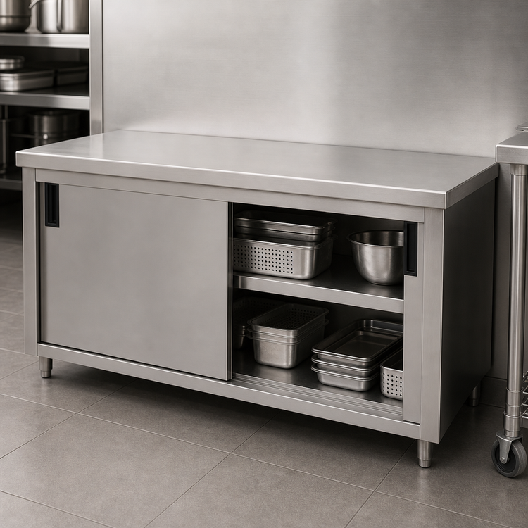 Product image #3 for Advance Tabco Special Value Series 108"W x 24"D Enclosed Work Table with Cabinet Base, Mid-Shelf and Sliding Doors