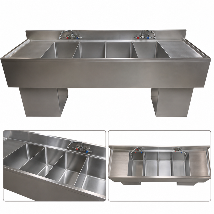 Product image #4 for BK Resources Slim-Line 4-Compartment Underbar Sink with Left and Right Drainboards, 84 Inch Wide
