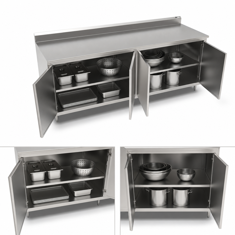 Product image #3 for John Boos Enclosed Work Table with Cabinet Base, 108-Inch x 30-Inch, 16-Gauge 300-Series Stainless Steel Top, 5-Inch Backsplash