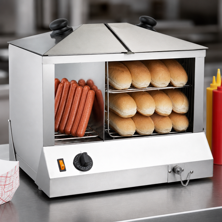 Product image #3 for Omcan USA Countertop Side-by-Side Hot Dog Steamer and Bun Warmer, 100 Hot Dogs / 48 Buns, 120V