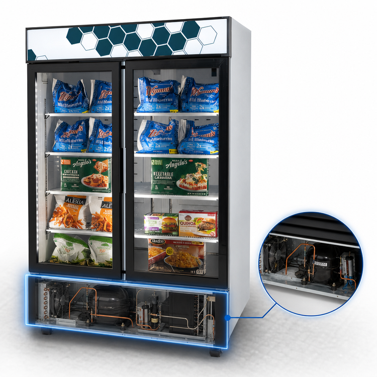 Product image #3 for Migali Competitor Series Two-Section Glass Door Freezer Merchandiser, 49 Cu. Ft., Bottom-Mount Self-Contained