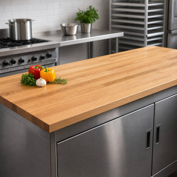 Product image #3 for John Boos Appalachian Red Oak Blended Edge Grain Island Countertop, 108 x 30 x 1-1/2 Inch, Varnique Finish
