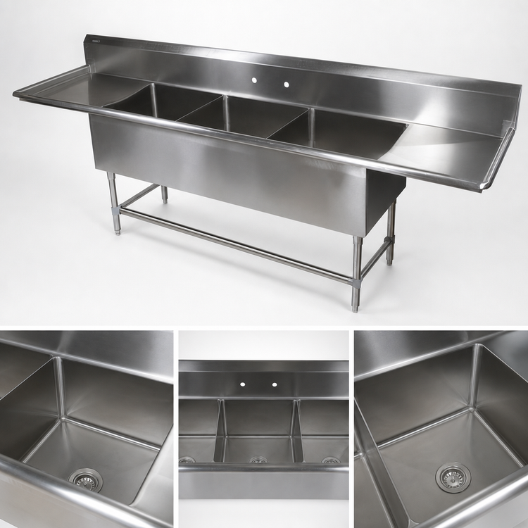 Product image #3 for John Boos Pro-Bowl 3-Compartment Stainless Steel Sink with 24-Inch Left and Right Drainboards, 14-Inch Deep Bowls