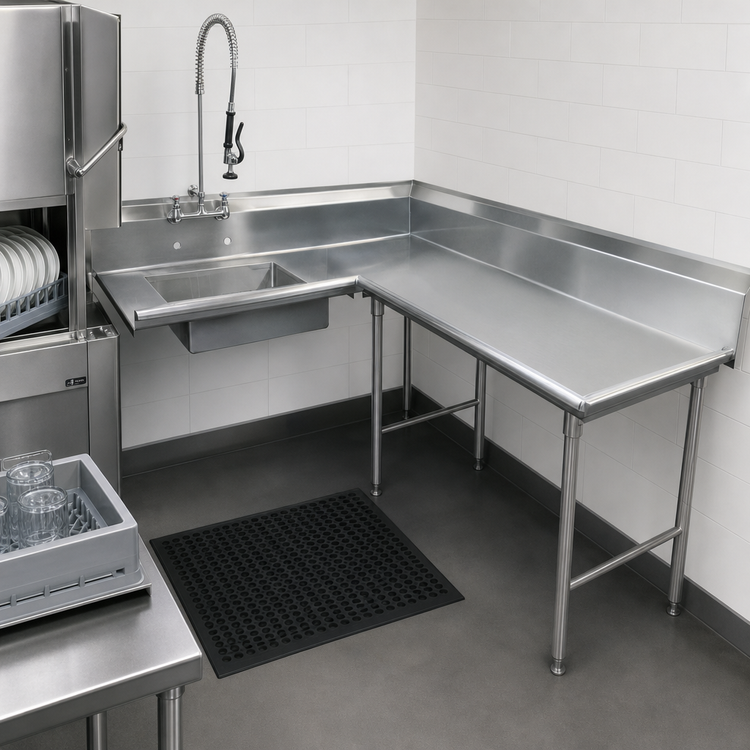 Product image #3 for Advance Tabco Korner Right-Hand L-Shaped Soil Dishtable with Pre-Rinse Sink, 83-Inch Long, 14-Gauge 304 Stainless Steel