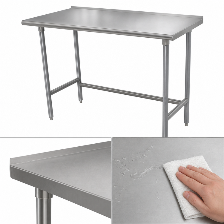 Product image #3 for Advance Tabco 84" x 36" Open Base Work Table with 16-Gauge 430 Stainless Steel Top and 1-1/2" Rear Up-Turn