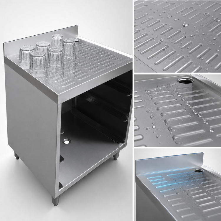 Product image #3 for Omcan USA 24 x 23 x 33-Inch 304 Stainless Steel Glass Rack Storage Unit with Drainboard Top and Open Front Cabinet Base
