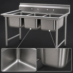 Thumbnail image #3 for Eagle Group 414-24-3-X Three-Compartment Coved Corner Sink, 24 x 24 x 13-1/2 in Bowls, No Drainboards, 9-1/2 in Backsplash