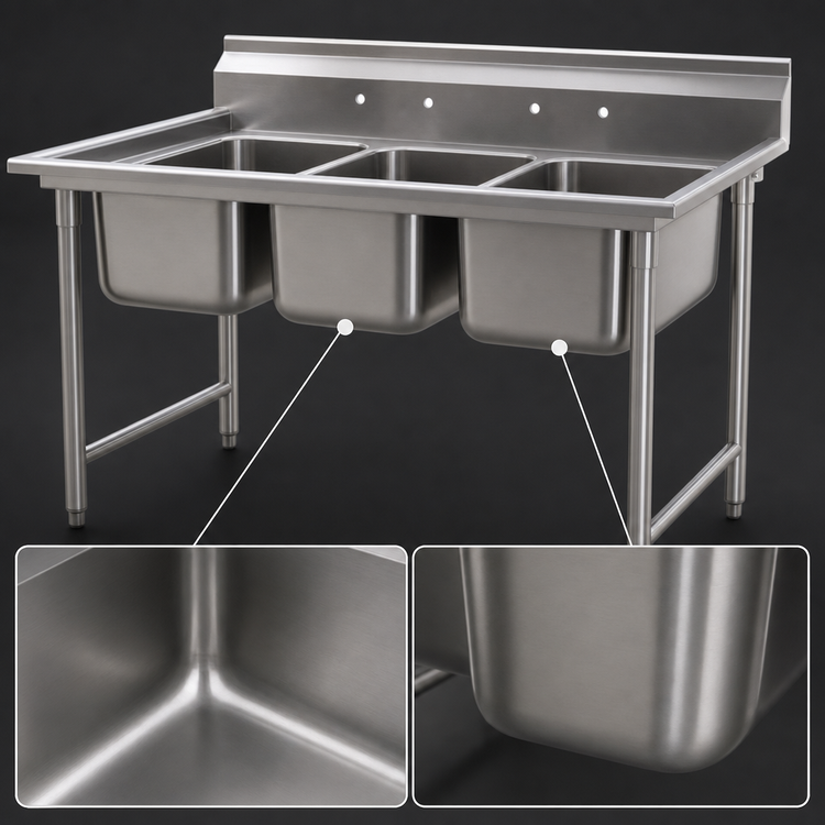 Product image #3 for Eagle Group 414 Series Three-Compartment Coved Corner Sink, 24 x 24 x 13-1/2 in Bowls, No Drainboards