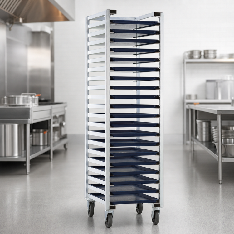 Product image #3 for New Age U-Type Mobile Full-Height Front-Load Nesting Aluminum Bun Pan Rack, 20-Pan Capacity