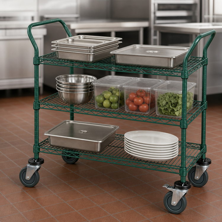 Product image #3 for Quantum 3-Shelf Wire Utility Bus Cart, 36 x 24 x 37-1/2 Inches, Green Epoxy Antimicrobial Finish