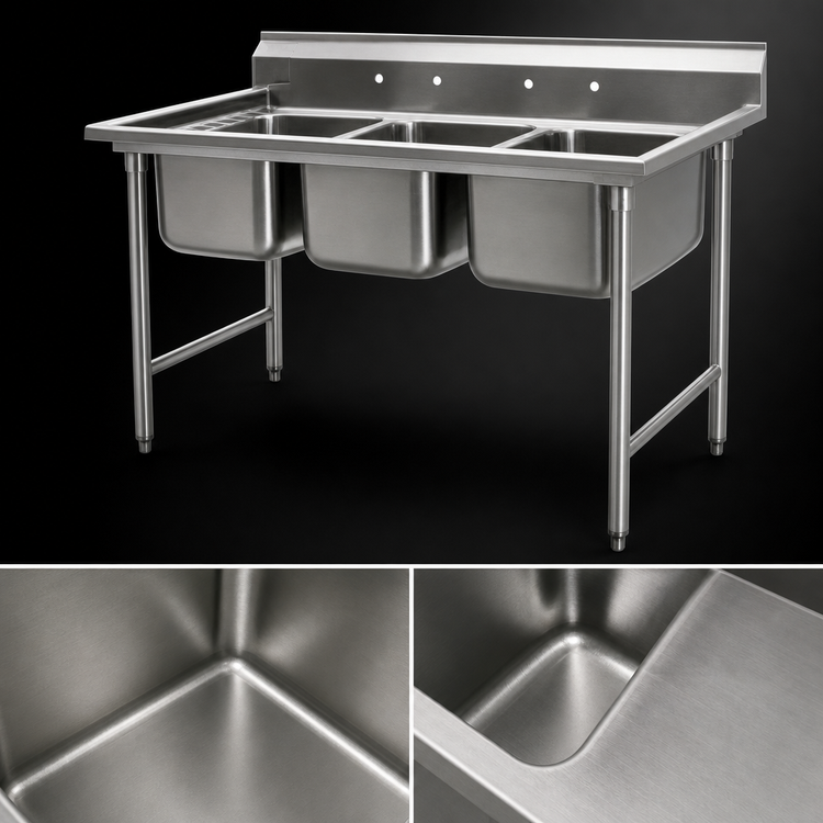 Product image #3 for Eagle Group 414 Series Coved Corner Floor Model Three-Compartment Sink with 16 x 20 x 13-1/2 Inch Bowls, 58-3/4 Inch Wide, 430 Stainless Steel Top