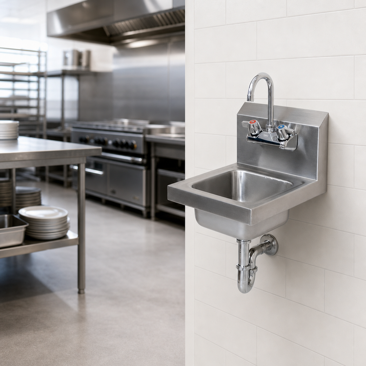 Product image #3 for BK Resources Space Saver Wall-Mount Hand Sink with 9 x 9 x 5 Inch Bowl, Faucet, P-Trap, and Basket Drain, 304 Stainless Steel