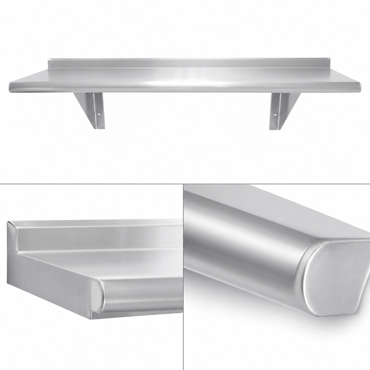 Product image #3 for Advance Tabco 120 Inch x 10 Inch Wall-Mounted 430 Stainless Steel Shelf with Bullnose Edge and Rear Turn-Up