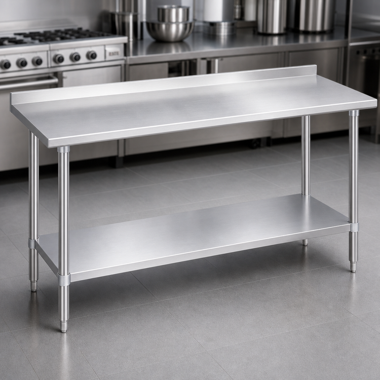 Product image #3 for Duke Deluxe 84 Inch x 24 Inch 16 Gauge 300 Series Stainless Steel Work Table with 1-1/8 Inch Riser and Galvanized Undershelf