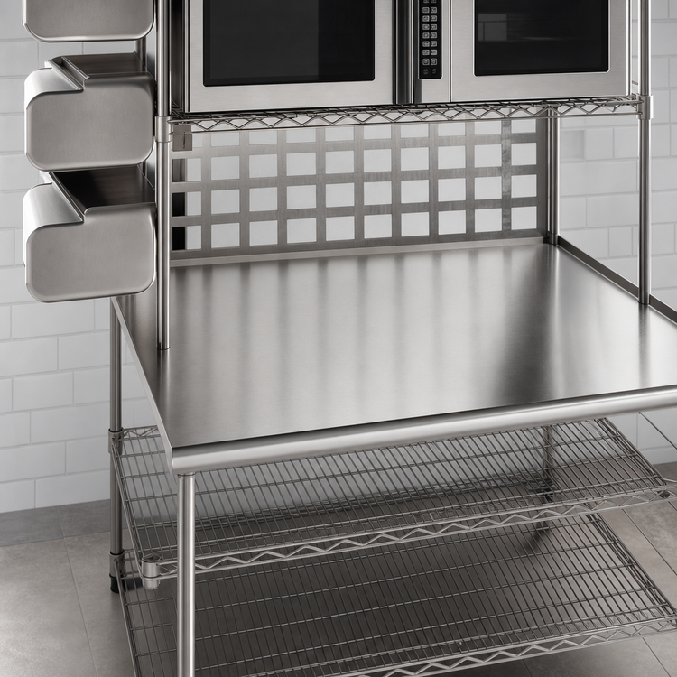 Product image #3 for 48-Inch Stainless Steel Microwave Prep Table with Wire Overshelves and Undershelves