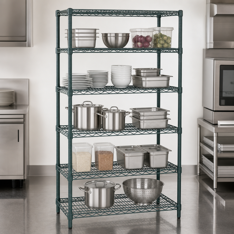 Product image #3 for Quantum 60 in x 18 in x 86 in Stationary Wire Shelving Starter Kit with 5 Shelves, Green Epoxy Finish