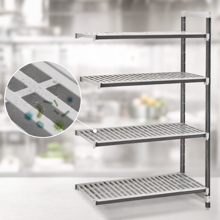 Product image #3 for Cambro Camshelving Elements XTRA Stationary Add-On Shelving Unit, 18 x 42 x 84 Inches, 4-Tier Vented, Speckled Gray