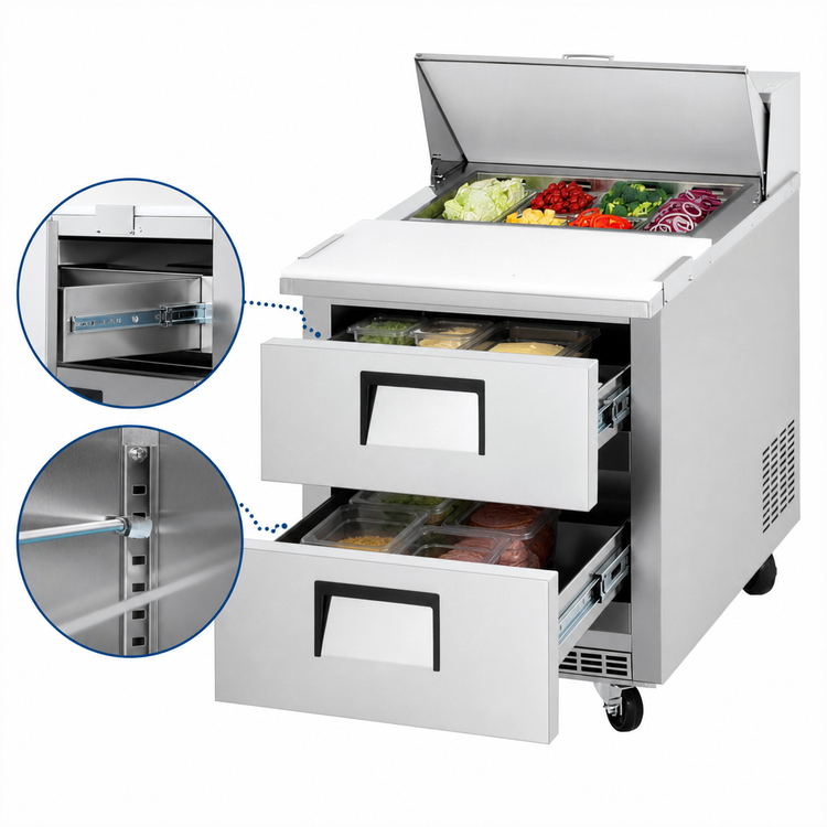 Product image #3 for Everest Refrigeration 27-3/4 Inch 1-Section Stainless Steel Drawered Sandwich Prep Table with Rear-Mounted Self-Contained Refrigeration, 2 Drawers, and 8 1/6-Size Pan Top Opening