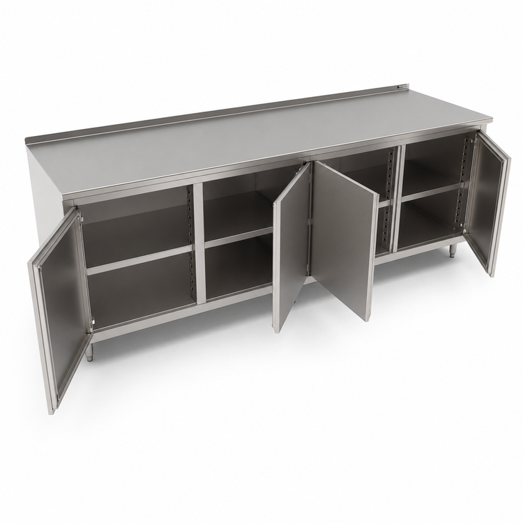 Product image #3 for John Boos Stainless Steel Cabinet Base Work Table with Hinged Doors, 132"W x 36"D, 1-1/2" Rear Up-Turn