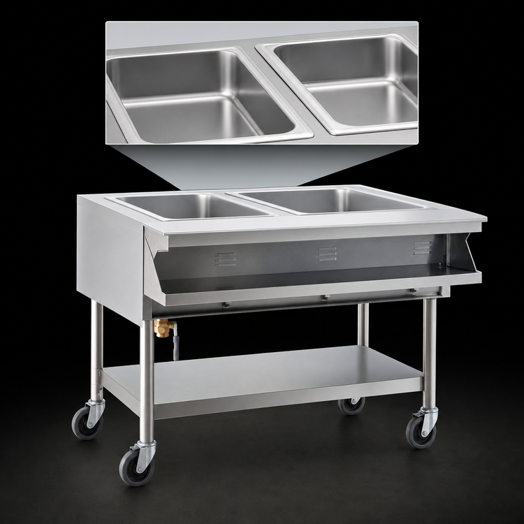 Product image #3 for Eagle Group Portable Sealed Well Hot Food Table, 2 Wells, 35-1/2" W x 32-1/4" D, 240V, Open Base with Casters