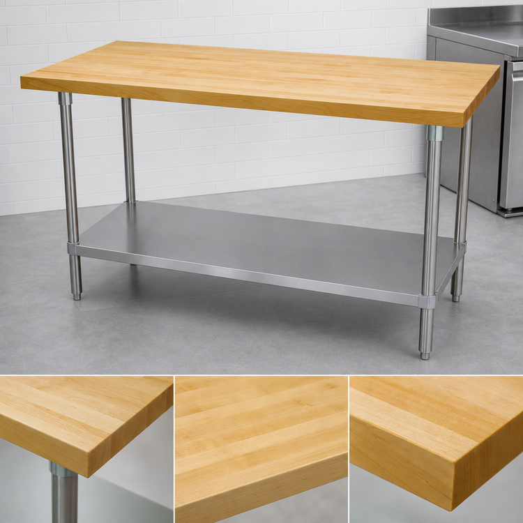 Product image #3 for Advance Tabco H2S-368 96 Inch x 36 Inch Maple Top Work Table with Stainless Steel Base and Adjustable Undershelf