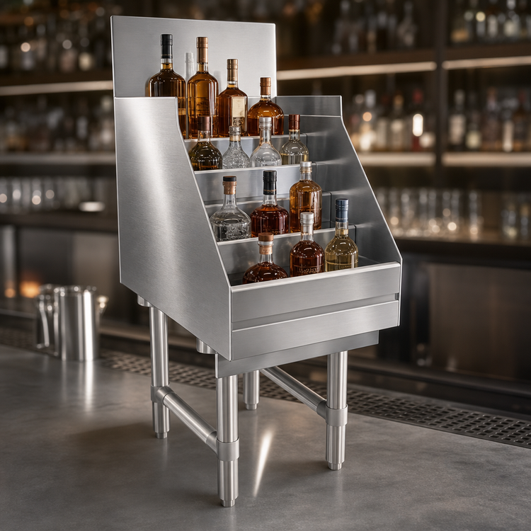Product image #3 for Freestanding Underbar Raised Liquor Bottle Display Unit, 12-Bottle, 5-Step, 304 Stainless Steel