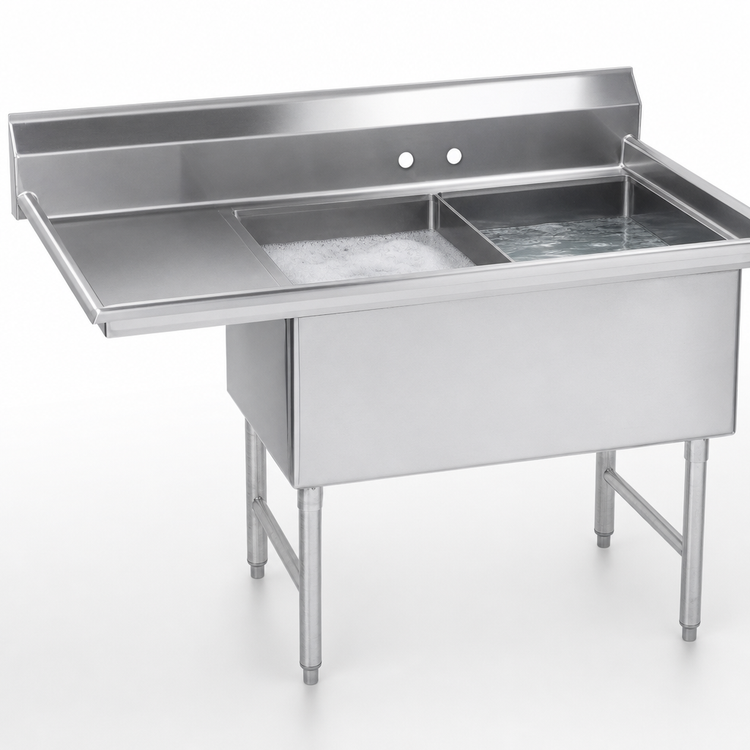 Product image #3 for Advance Tabco 2-Compartment Fabricated Sink with 18-Inch Left Drainboard and 18 x 18 x 14-Inch Bowls