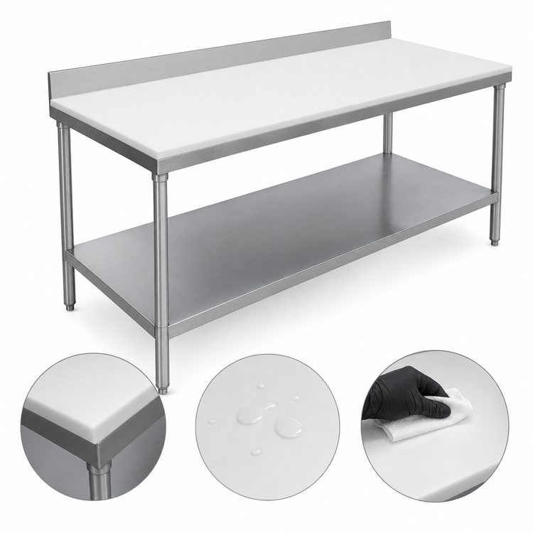 Product image #3 for Advance Tabco Poly-Vance 60-Inch x 30-Inch Poly Top Work Table with 6-Inch Stainless Steel Backsplash and Undershelf