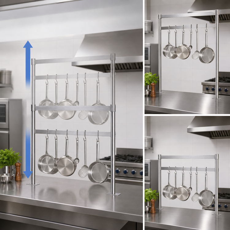 Product image #4 for 72-Inch Adjustable Table-Mount Pot Rack with Straight Bar and Double-Pronged Hooks