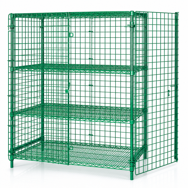 Product image #3 for Quantum Stationary Security Cage with 2 Intermediate Shelves, 60W x 24D x 63H, Green Epoxy Antimicrobial Finish