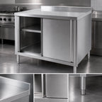 Thumbnail image #3 for Klinger's Trading BCB2472-W/SHELF 72-Inch Stainless Steel Enclosed Work Table with Sliding Doors, Middle Shelf, and 2-Inch Rear Up-Turn