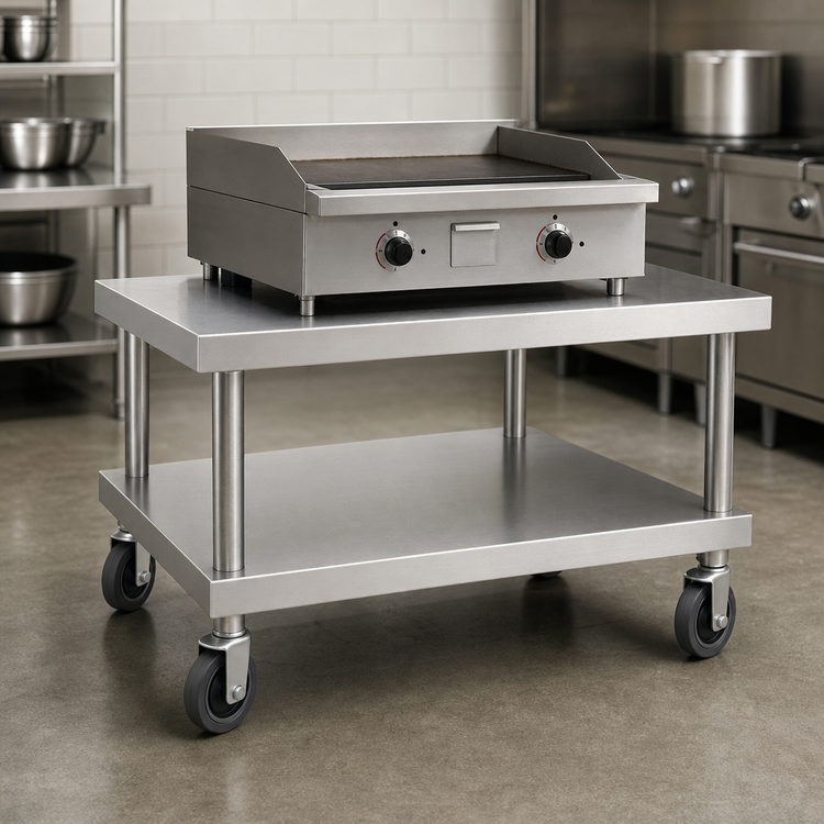 Product image #3 for Vulcan Universal Stainless Steel Equipment Stand, 49" W x 30" D x 24" H, 1/2" Marine Edge, Undershelf, Casters