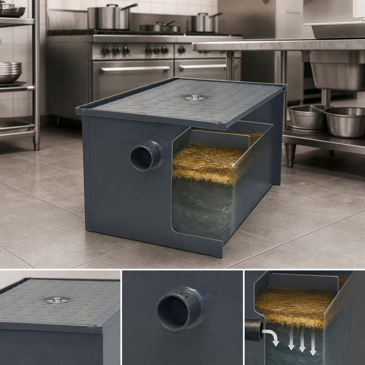 Product image #3 for John Boos GT-14-X 14 lb Carbon Steel Grease Interceptor, 7 GPM, No-Hub Connections