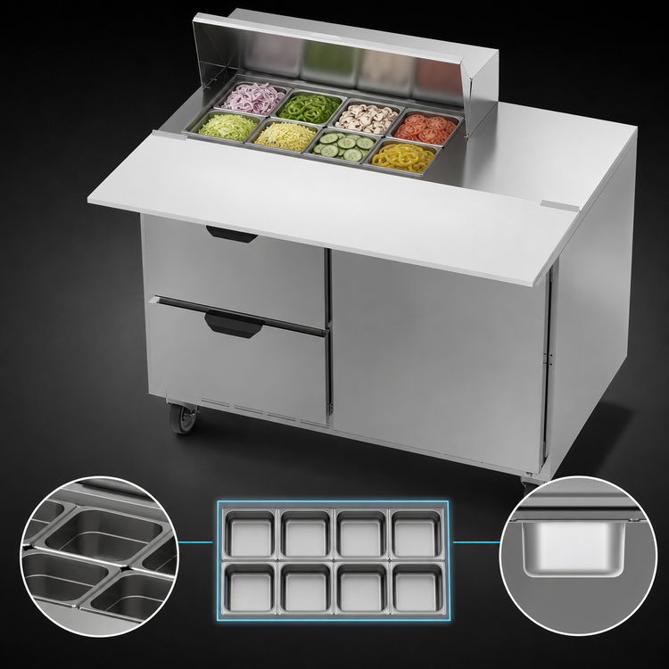 Product image #4 for Beverage-Air 48-Inch Two-Section Sandwich Prep Table Refrigerated Counter with 1 Door, 2 Drawers, and 8-Pan Top