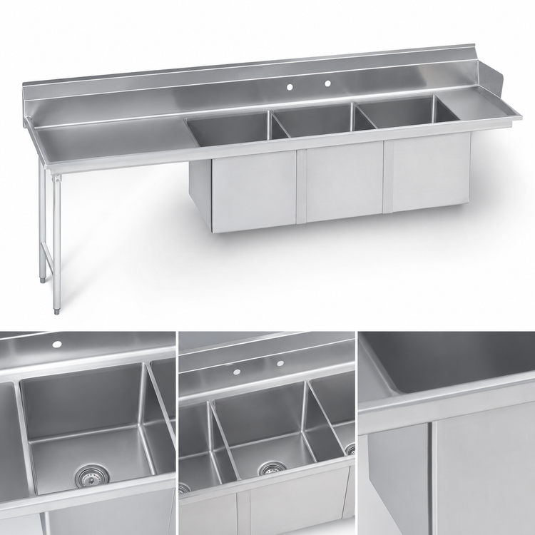 Product image #3 for 83-Inch 3-Compartment 16-Gauge 304 Stainless Steel Sink Dishtable with Left Drainboard