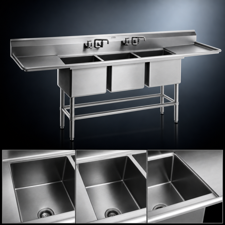 Product image #3 for Spec-Master FN Series 57-Inch Three-Compartment Floor Model Sink with 14-Gauge 300 Series Stainless Steel Top